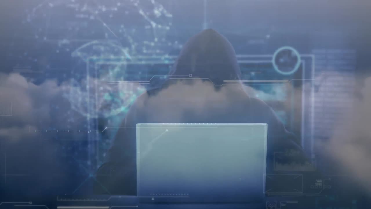 노트북으로 해커를 통해 지구의 애니메이션과 데이터 처리