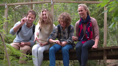 family sitting on a wooden bridge playing in a forest