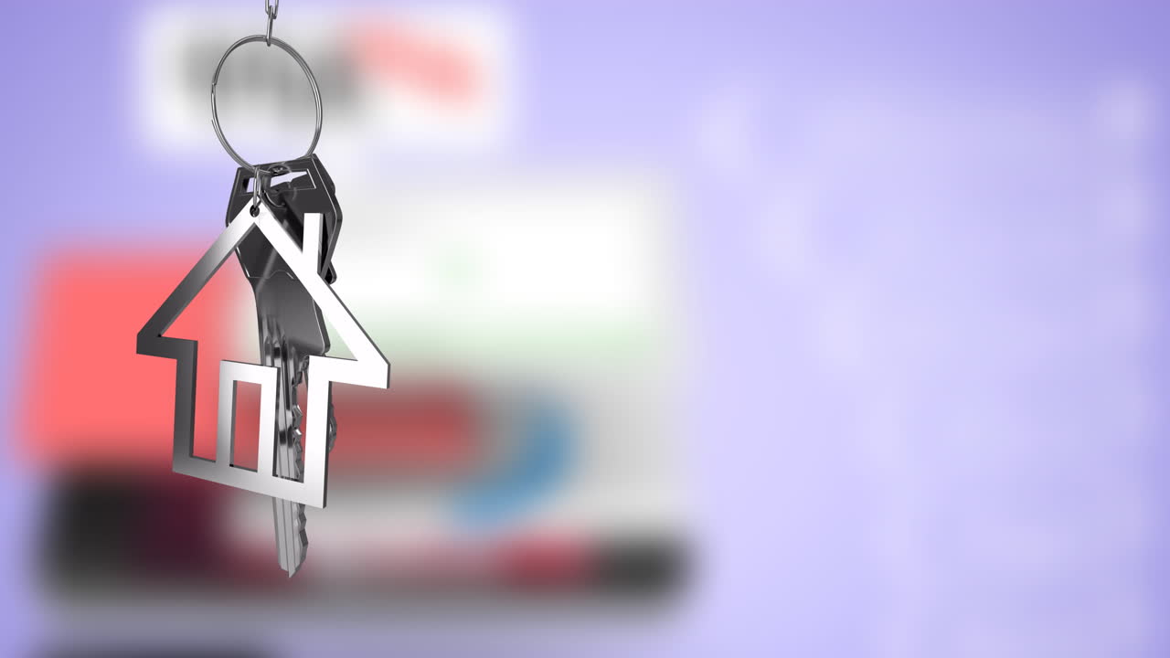Animation d'un porte-clés en forme de maison sur fond flou avec des formes colorées