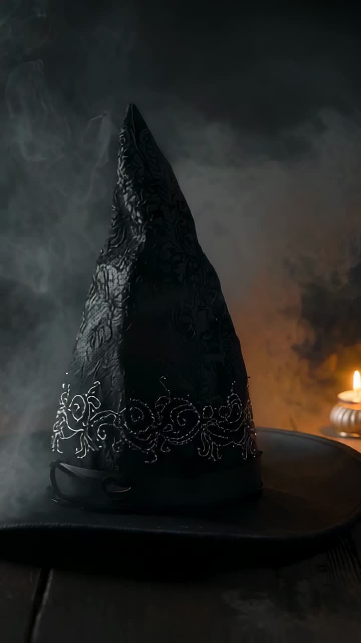 Vertical video: Candle flickering causing smoke curling around wizard hat on table creating mystery