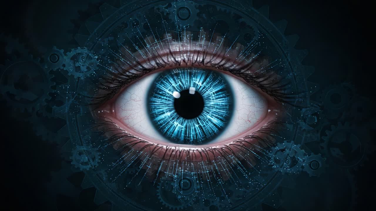 A Stunning Artistic Representation of a Futuristic Eye with Illuminated Blue Iris and Intricate Mechanical Background Symbolizing Vision and Technology
