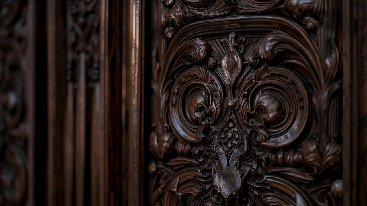 Caméra en mouvement révélant un panneau de bois sculpté orné dans une chapelle, mettant en valeur la texture et le relief
