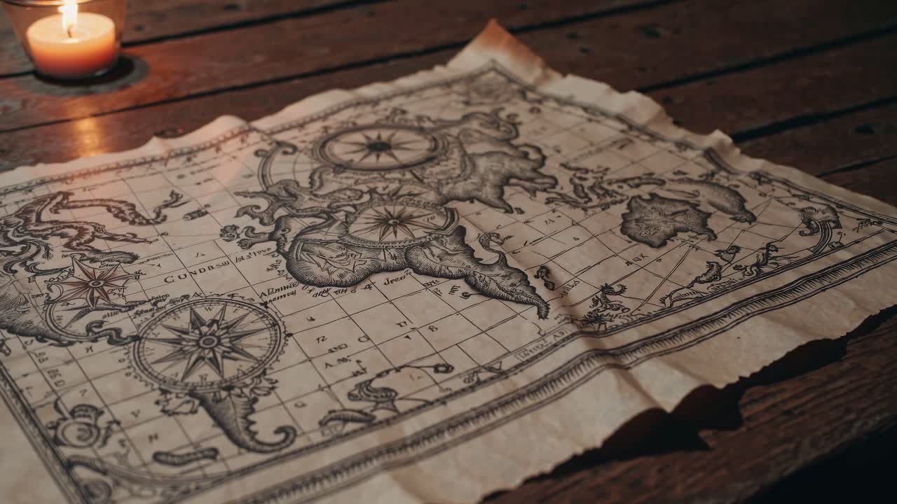 Una mappa vintage su un tavolo di legno, illuminata dalla luce delle candele. Il video cattura un'angolazione ravvicinata.