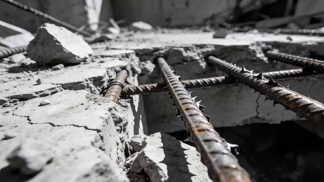 Drifting particle causing camera focusing on rusted ribbed rebar at cracked slab edge and void