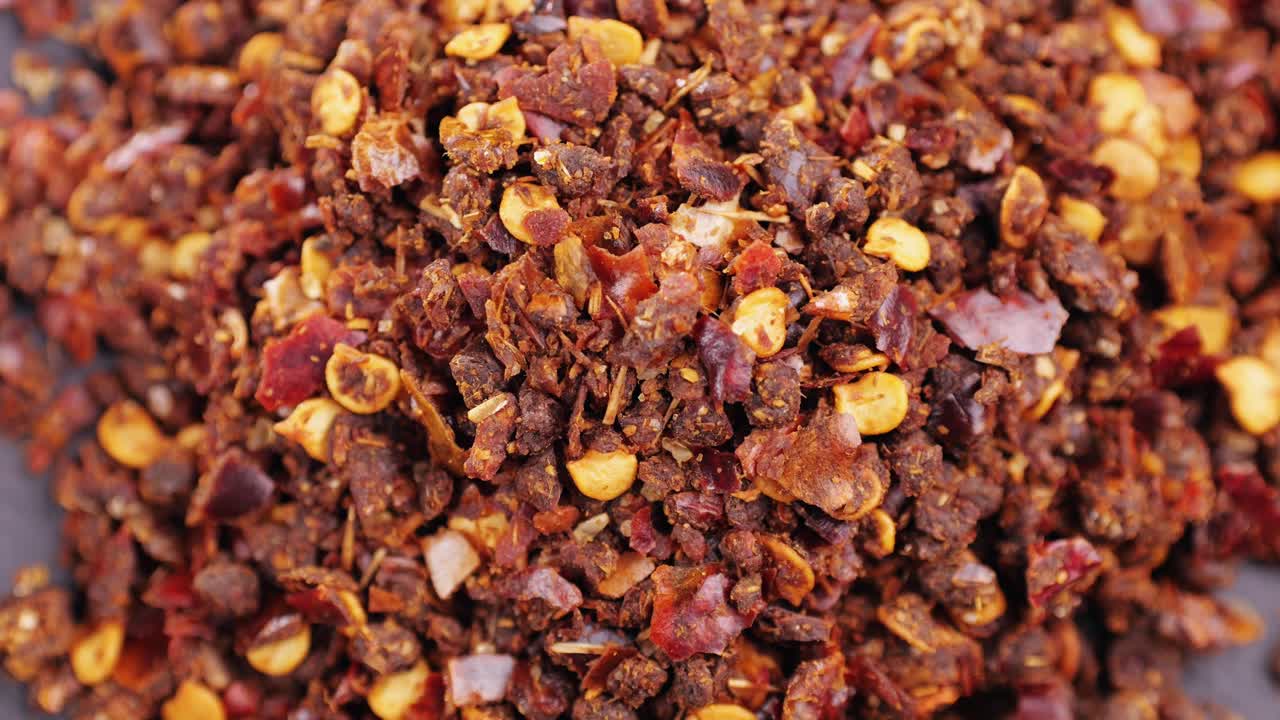 Close up of a pile of red chili flakes