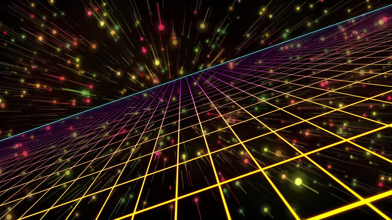Colorful grid and lights creating dynamic futuristic digital space animation