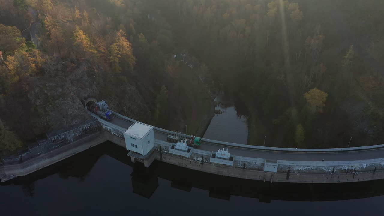 Drone shot of Sec dam in Czech republic in autumn surrounded by forest