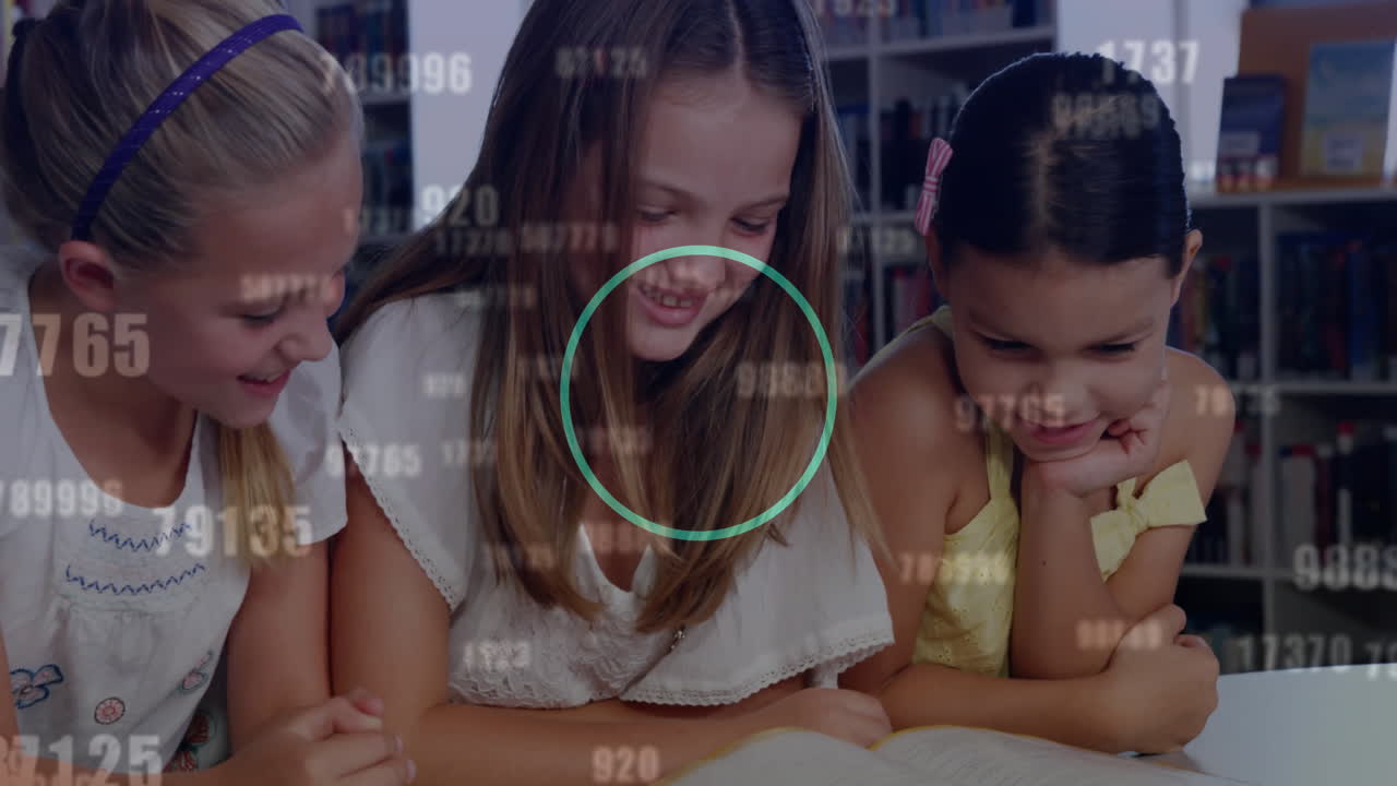 Three students leaning over book in library, with floating chart icons showing education trends