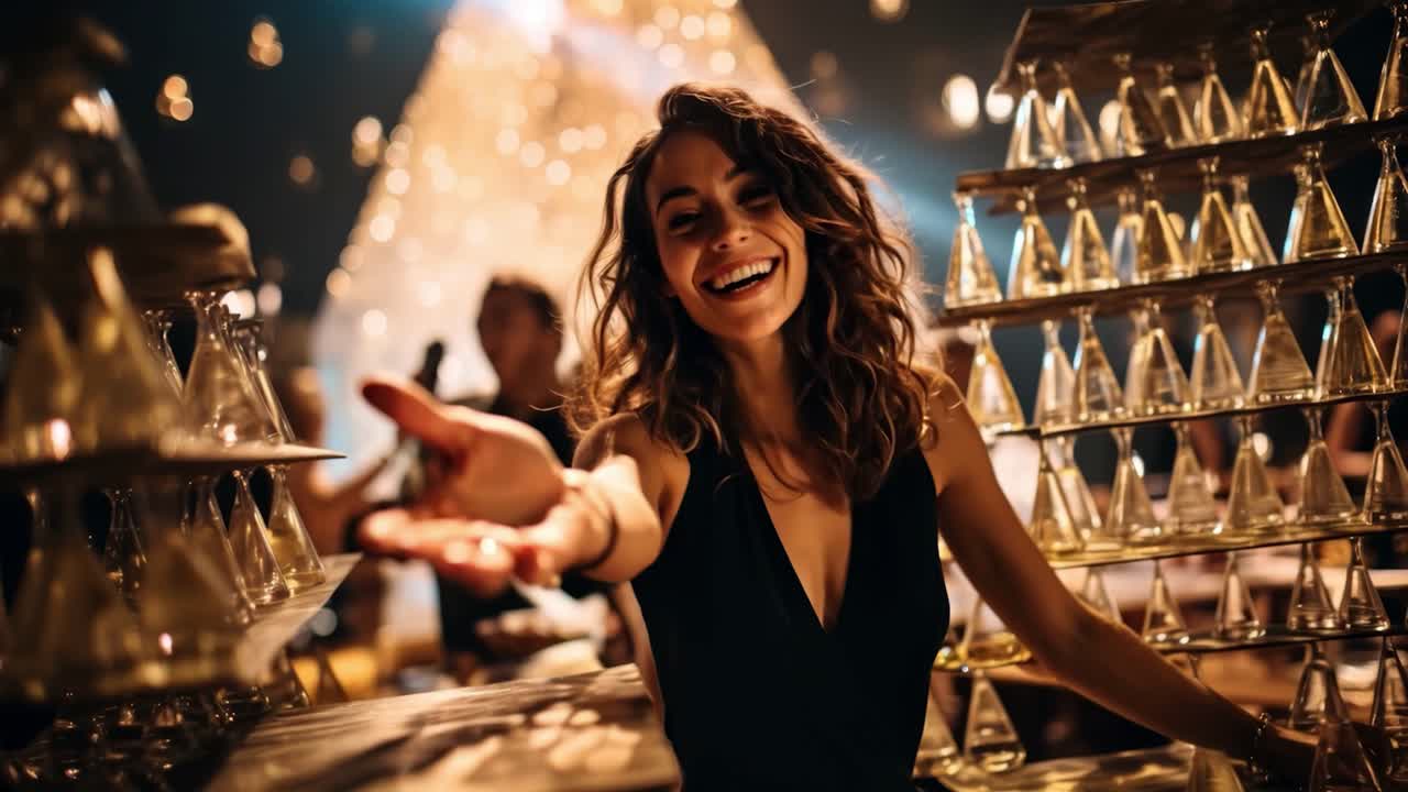 A joyful woman reaches out amidst a glamorous party setting with sparkling lights