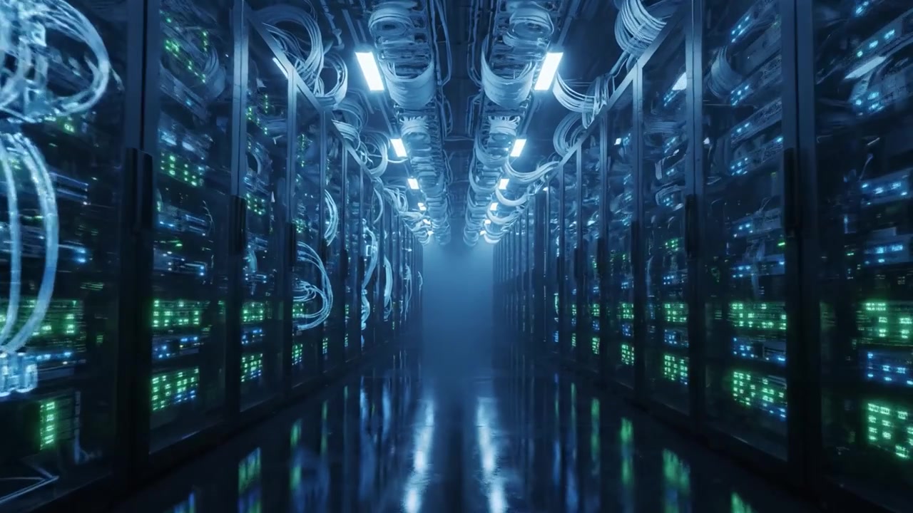 A Glimpse into the Heart of Modern Data Centers: Rack after Rack of High-Tech Servers and Cabling Illuminated by an Ethereal Glow, Showcasing the Power of Today’s Digital Infrastructure