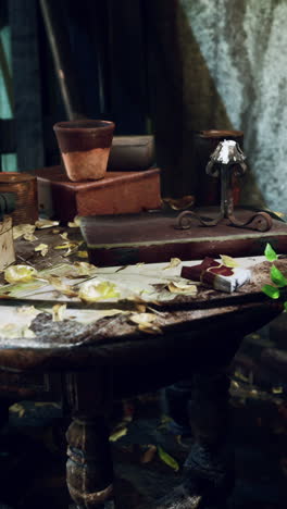 close up of a rustic wooden table with candle holders, old books, and vintage decor