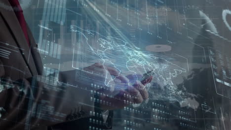 business hand interacting with holographic interface showing flowing network lines and data charts