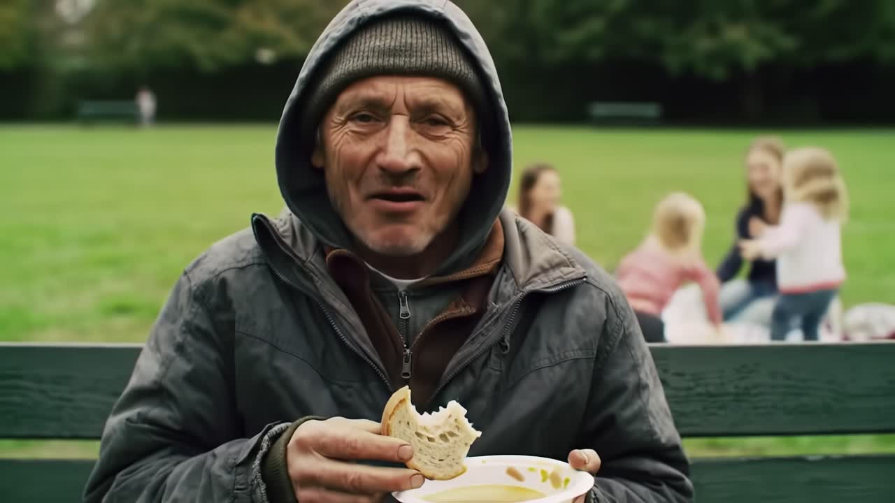 A man wearing a hoodie sits on a bench in a park, savoring food. In the background, children are playing and having fun, creating a lively atmosphere.
