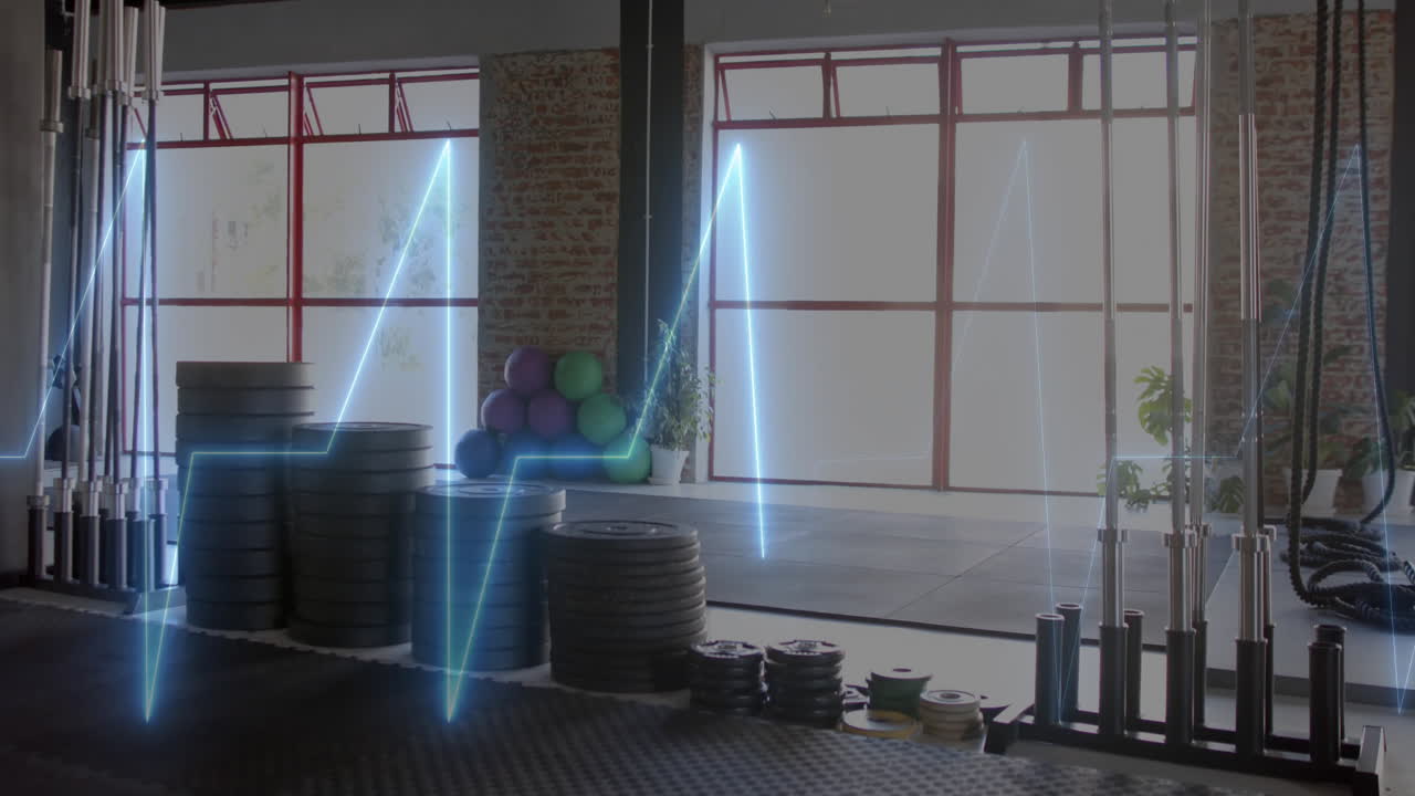 피트니스 센터의 체조 장비와 무게에 대한 심장 박동 라인 애니메이션