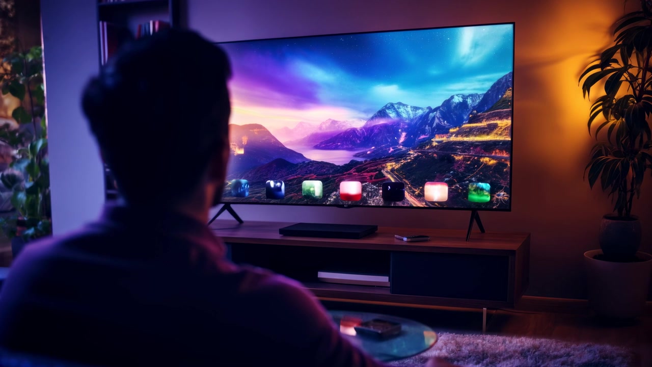 Person Watching Smart TV with Interactive Interface in Dark Living Room
