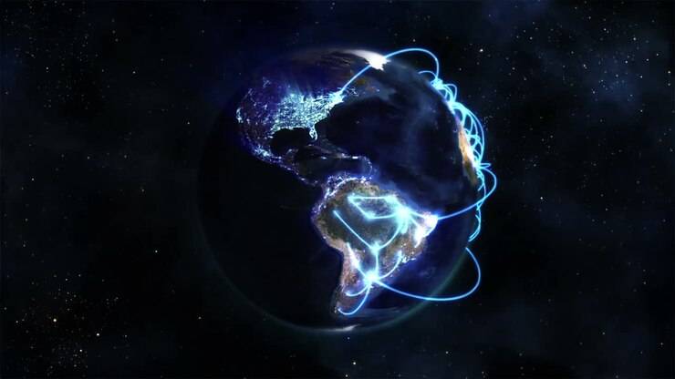 Terra iluminada girando sobre si mesma com conexões azuis, imagem da Terra cortesia de Nasa.org