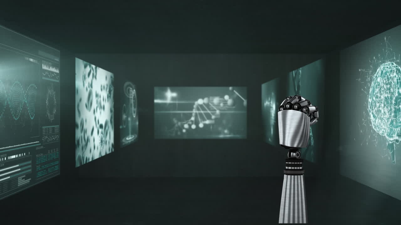 Digitally generated video of robotic hand and medical data processing