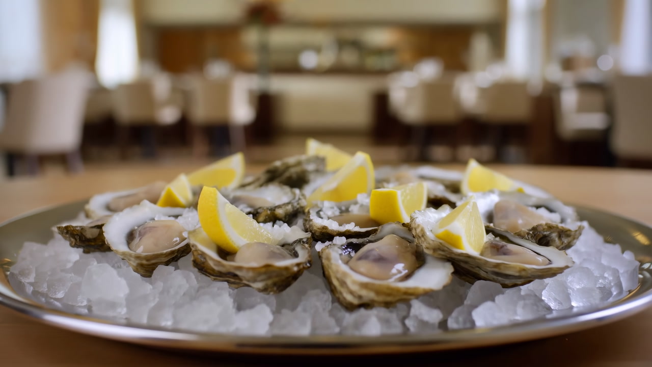 Fresh Oysters on Ice with Lemon Wedges in a Fine Dining Restaurant