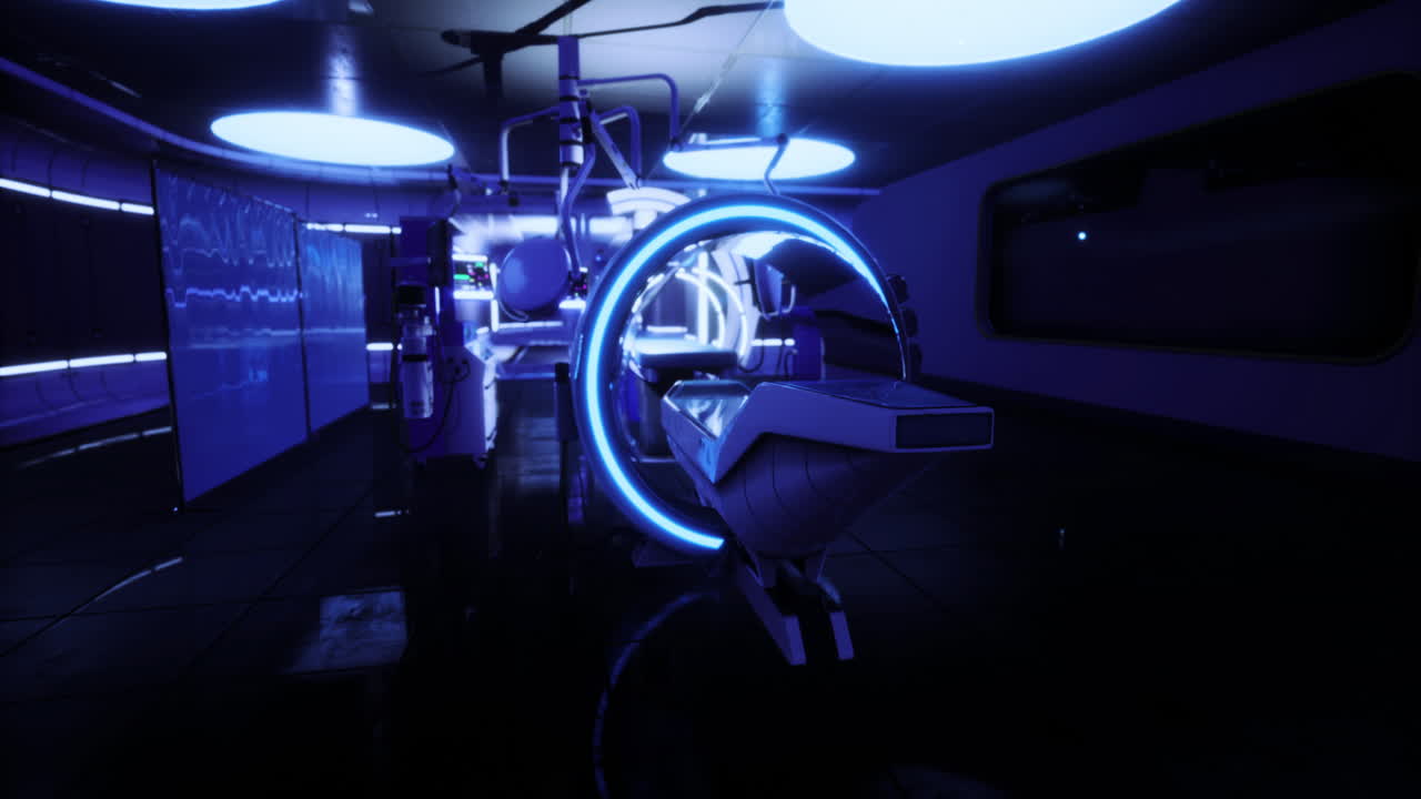 Advanced mri room illuminated with blue lighting and futuristic design elements
