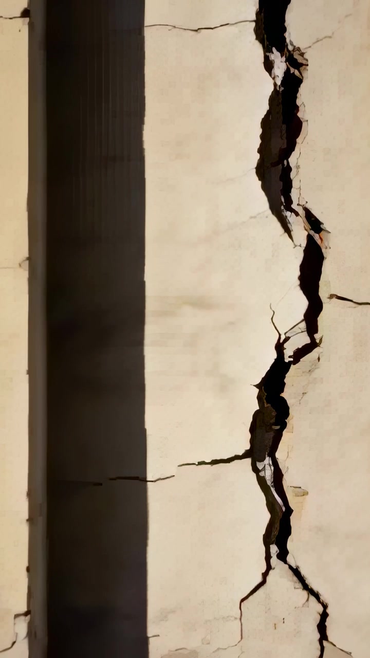 Vertical video: Panning camera down beige wall outside, showing jagged crack and voids for review