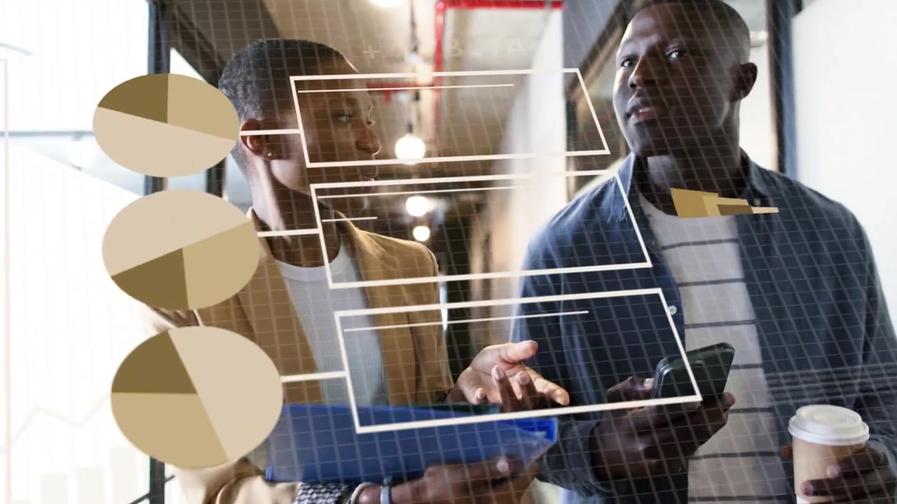 Woman pointing folder man with phone sparking charts turning into data rings for business decisions