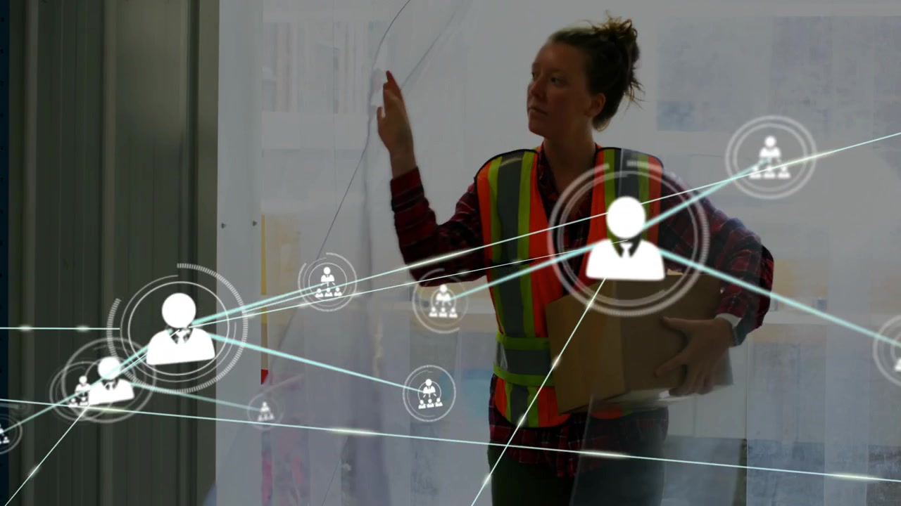 Female Worker Carrying Box in Warehouse with Digital Network Overlay