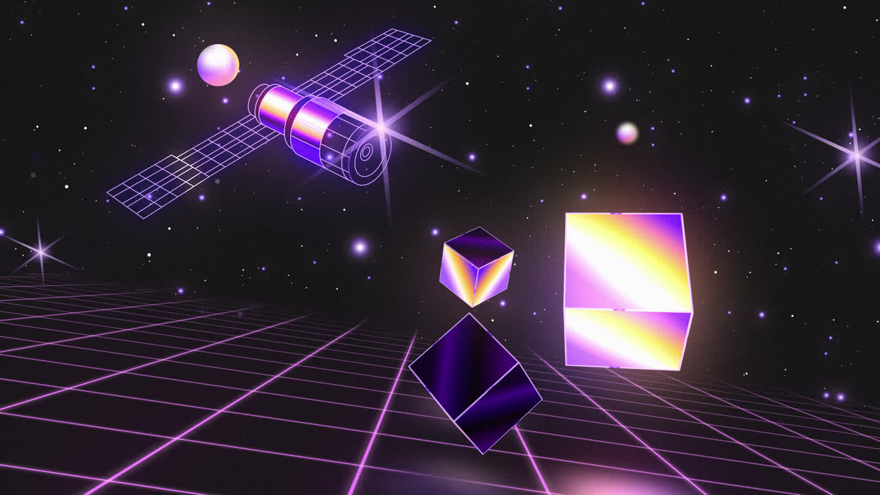 Retro-Futuristic Space Scene with Neon Satellite and Geometric Cubes