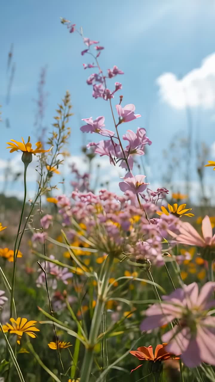 Video verticale: camera inclinata che mostra una spiga rosa e un'ombrella da vicino in un prato, con il sole che tocca i petali
