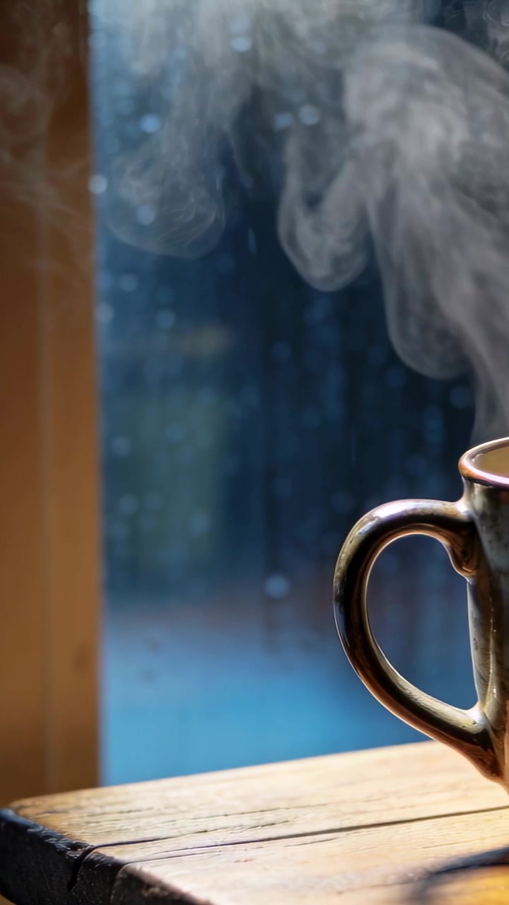 Video vertical: Taza de cerámica humeante con líquido caliente sobre una tabla de madera junto a la ventana, espacio para texto.