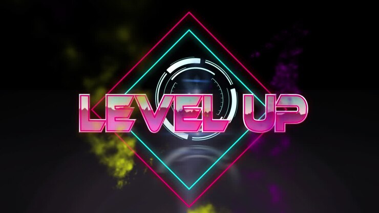 Animation af level up-tekst i metallisk lyserøde bogstaver med neonmønster