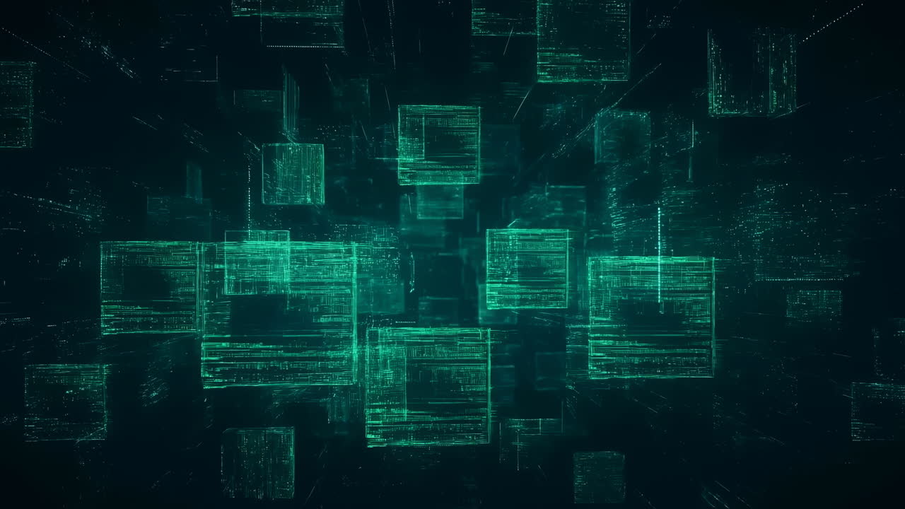 Green Floating Cube Matrix With Depth, Noisy Digital Textures Form Layered Ledgers, Drifting Blocks Create