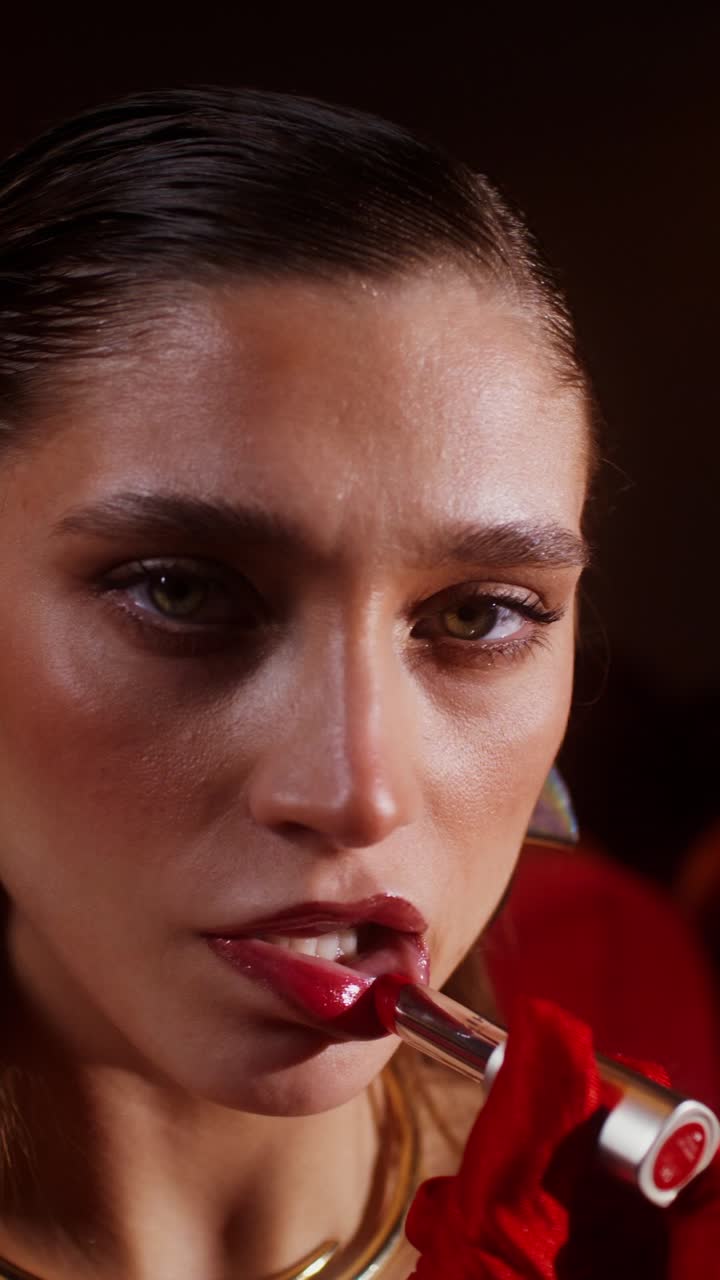 mujer aplicar lápiz labial rojo