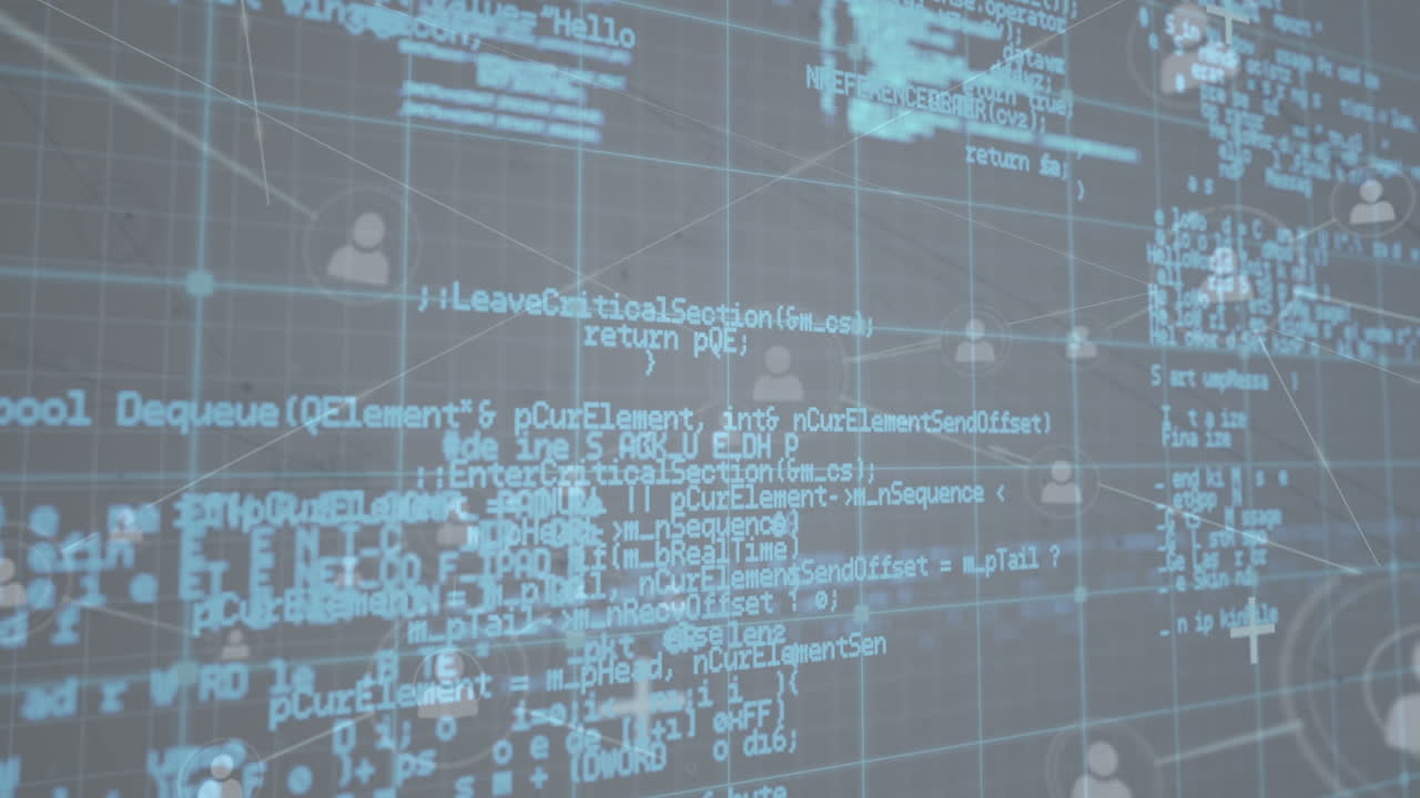 디지털 공간에서 사용자 아이콘과 다양한 데이터의 연결 네트워크의 애니메이션