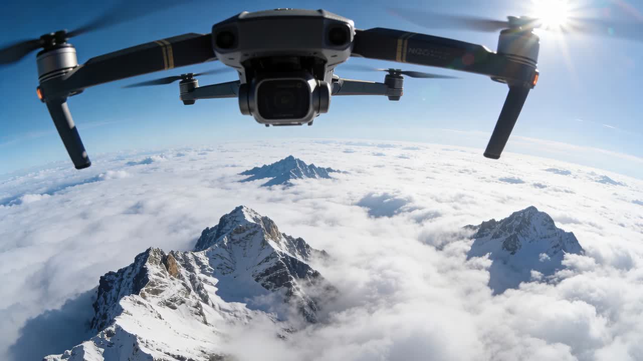Drone quadricottero con pilota automatico attivo che avanza sopra cime innevate e nuvole, catturando la vetta