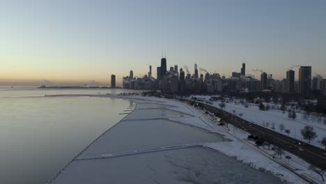 Aerial-footage-of-Frozen-Lake-Michigan-during-2019-Polar-Vortex,-Chicago,-Illinois