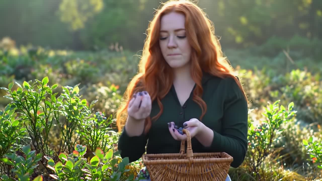 A Young Woman Gathering Fruits in a Lush Greenery, Embracing Nature's Bounty with a Traditional Basket as the Sunlight Filters Through the Leaves