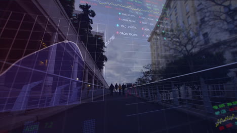 animation of graphs, trading boards, time lapse of diverse people walking against building and sky