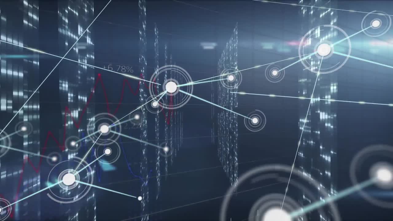 Animation of network of connections with icons and data processing over computer servers