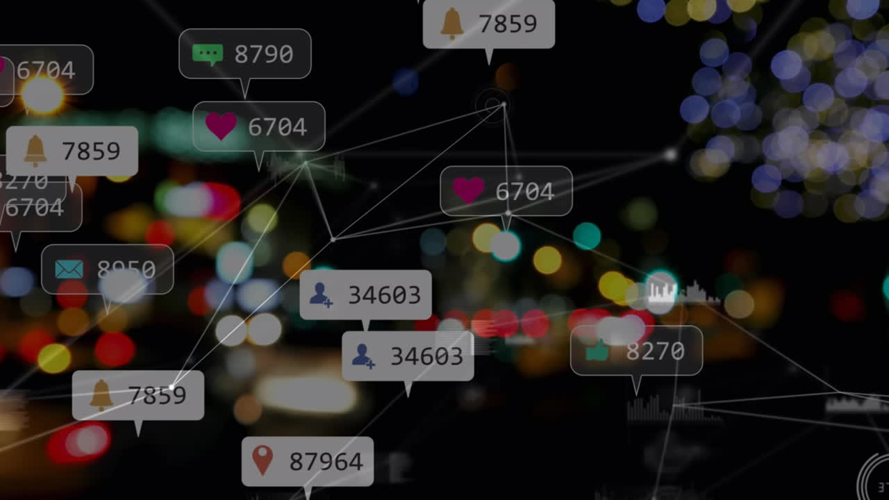 Animation of network of connections with social media icons over night cityscape with bokeh