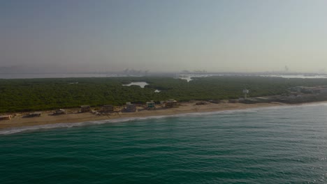 una vista aérea de la playa con zona de manglares.