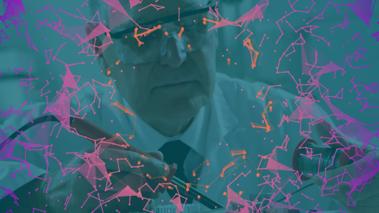 Electronics engineer soldering circuit board in tech lab, showing pink orange data network overlay