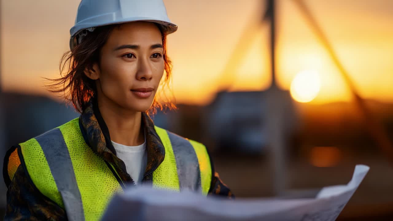 Focused Construction Worker Analyzing Blueprints During Sunset, Showcasing Determination and Professionalism in a Dynamic Outdoor Environment on a Building Site with Equipment in the Background