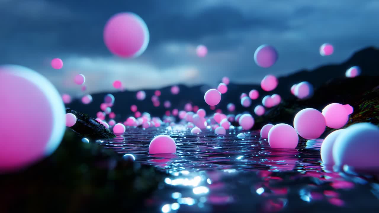 A mesmerizing scene unfolds over a tranquil water surface, where luminous pink and white spheres float gracefully, reflecting the captivating dance of light amidst the ethereal twilight landscape