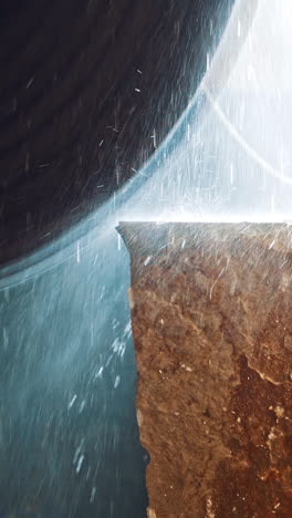 machine cutting a marble block. marble sawing machine in a factory from a quarry vertical video