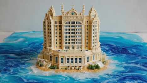 an intricate edible model of a grand building on an island surrounded by blue water