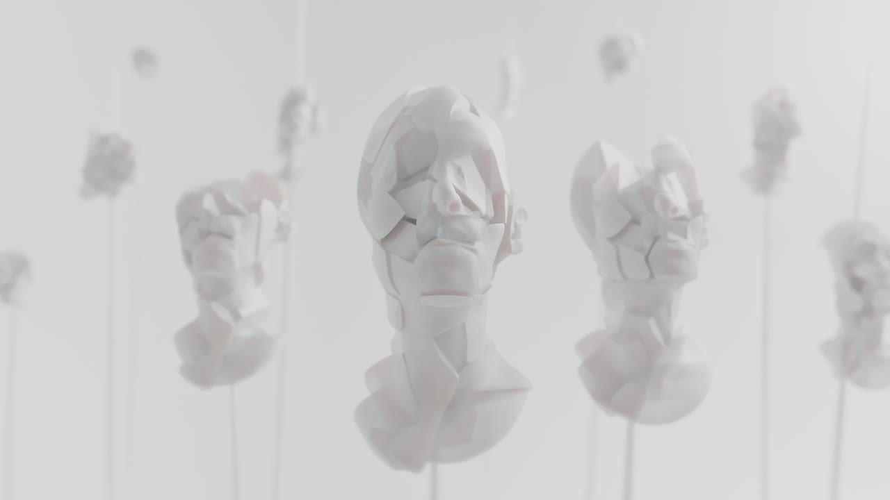 Multiple crushed android heads on spikes in white space