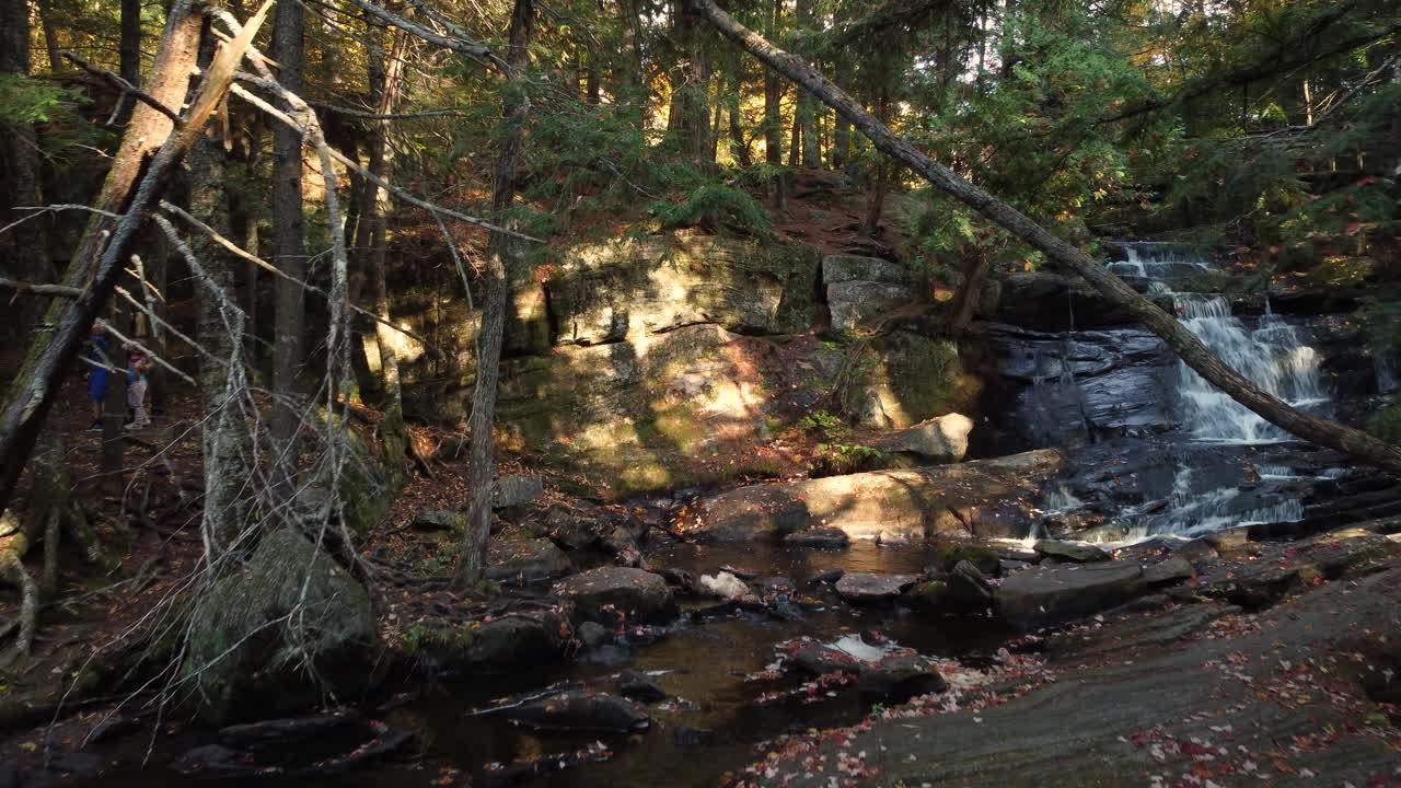 turistas disfrutando del paseo a lo largo de una pequeña cascada en el bosque durante la temporada de otoño
