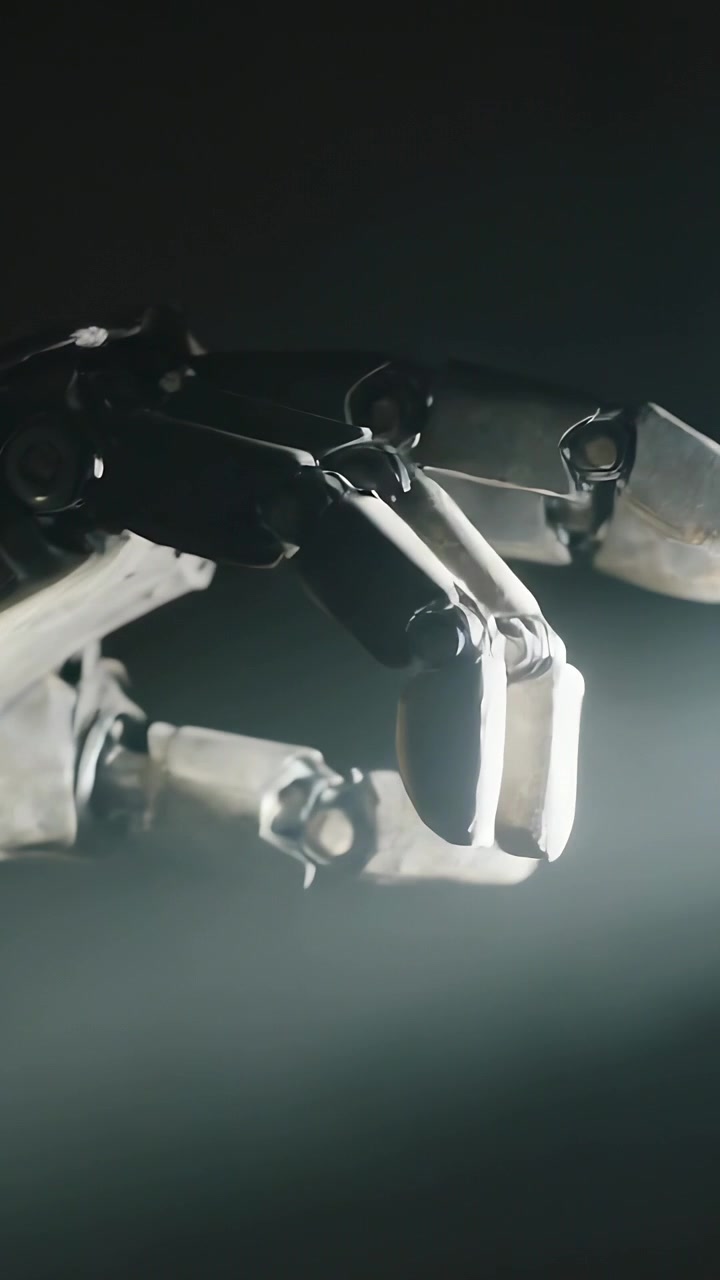 Vertical video: After spotlight turning on, rotating robotic hand revealing joint details in studio