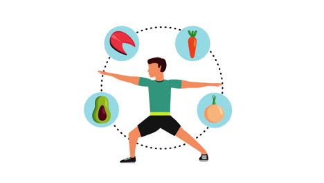 athlete with healthy lifestyle icons animation