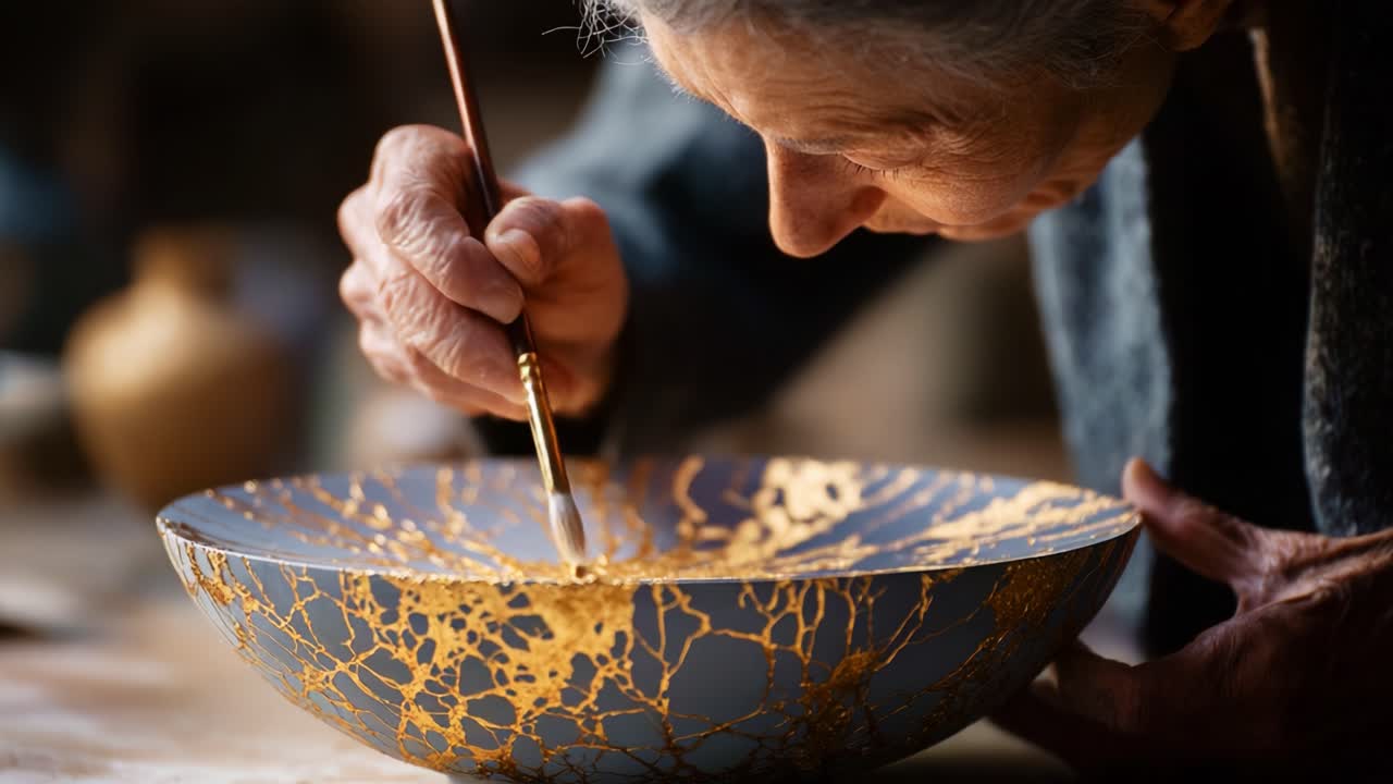 Un anziano artigiano applica abilmente decorazioni dorate a una ciotola splendidamente realizzata, dimostrando tecniche complesse nell'arte del kintsugi ed evidenziando la bellezza nelle imperfezioni.